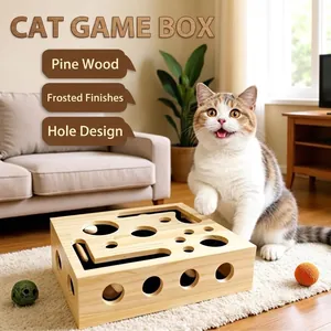 Interactive wooden cat puzzle toy box with hole design for pet mental stimulation