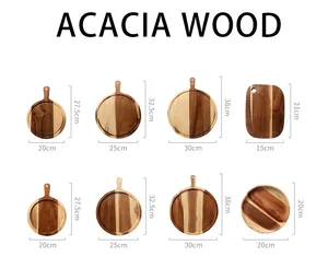 Various sizes of acacia wood cutting boards and pizza trays with clear dimension markings