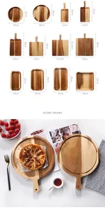 Acacia wood serving trays in various sizes and shapes for pizza or steak