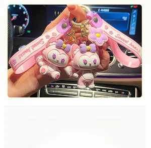 Detailed view of cute pink fox character keychain with Sweet heart silicone strap