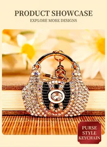 Macro view of a sparkling rhinestone-encrusted handbag keychain with gold trim