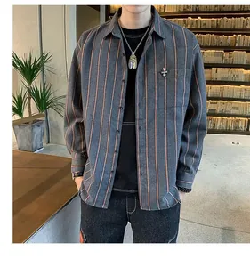 Casual men's long-sleeve shirt featuring a vertical stripe pattern and chest pocket