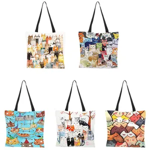 Women's Artistic Cat Print Linen Canvas Tote Bag Eco-Friendly Reusable Shopping Bag With Heat Transfer Marine Pattern