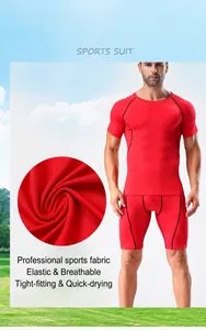 Detail eines roten Herren-Kompressionssportanzugs mit atmungsaktivem, schnelltrocknendem Stoff