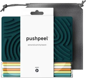 Detail view of pushpeel sensory activity board kit with silicone sticks and storage bag