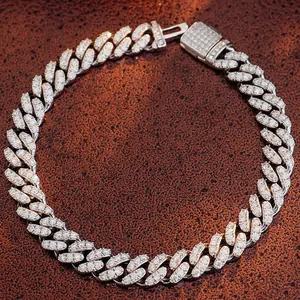Detailed macro view of iced out Cuban link bracelet with moissanite stones in 925 silver