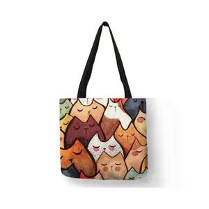 Detailed view of the vibrant watercolor cat pattern printed on the linen tote bag