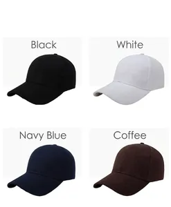 Display of four solid color baseball caps in black, white, navy, and coffee brown.