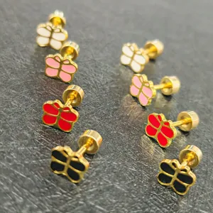 Multi-colored butterfly stainless steel stud earrings with secure screw backs on a dark background.