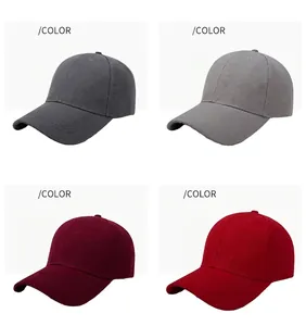 Detailed view of plain baseball caps in dark grey, light grey, wine red, and red