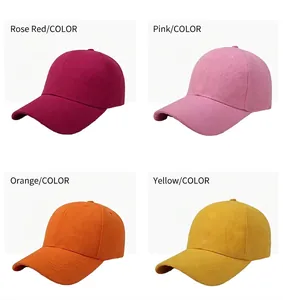 Collection of four solid color baseball caps in rose red, pink, orange, and yellow.