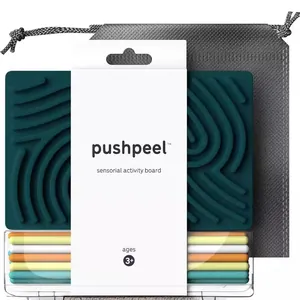 Pushpeel silicone sensory activity board toy featuring colorful strips and storage bag