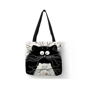 Close-up detail of cartoon cat print on high-quality linen shopping tote bag with heart