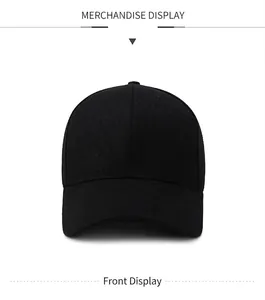 Front close-up of a minimalist plain black cotton baseball cap with a classic curved brim