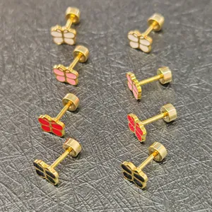 Detailed macro view of multiple colorful butterfly stud earrings with secure gold screw backs