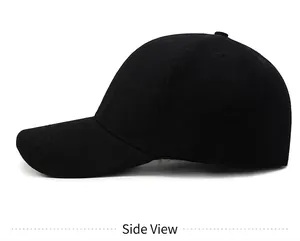 Detailed side view of a classic solid black baseball cap with structured crown