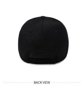 Back view of a plain black baseball cap showing the adjustable strap closure detail