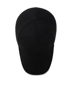 Top-down detail view of a classic solid black baseball cap on a white background