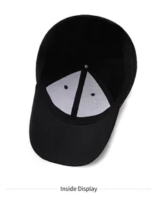 Close-up interior detail showing the white reinforced lining of this black baseball cap.