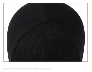 Close-up view of the top stitching and crown button on a black baseball cap.