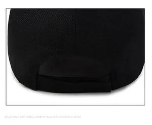 Detailed view of the adjustable back closure on a black solid color baseball cap