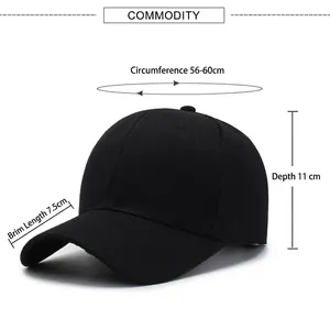 Solid black baseball cap showing precise measurements for head size, depth, and brim.