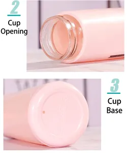 Vues détaillées du bord lisse et de la base d'une bouteille en verre rose à double paroi.