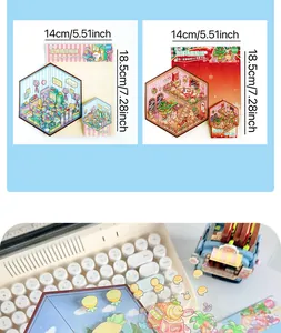 Detailed macro view of 2.5D miniature landscape stickers showing 3D layered effect on keyboard