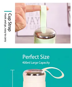 Détail de la bouteille en verre verte portable avec sangle et capacité de 400 ml