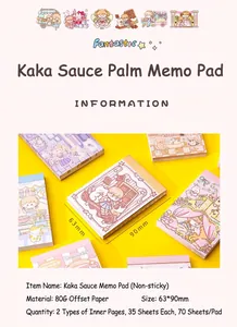 Detail view of cute cartoon mini notepad showing 63x90mm dimensions and 80g paper specs.