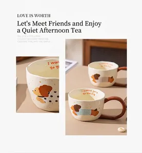 Close-up detail of cartoon dog illustration on creative ceramic coffee mug