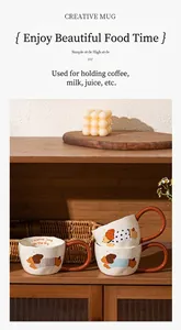 Close-up of creative ceramic mugs with cute cartoon dog illustrations on wooden shelf
