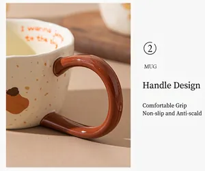 Detailed close-up of a brown ergonomic handle on a ceramic puppy mug for a comfortable grip
