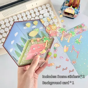 DIY 2.5D layered landscape stickers set with background cards for scrapbooking