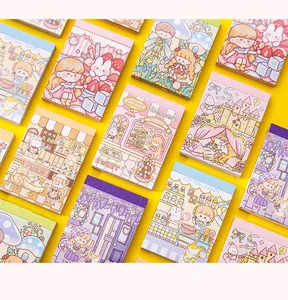 Variety of cute cartoon illustrated memo pads and sticky notes on yellow background