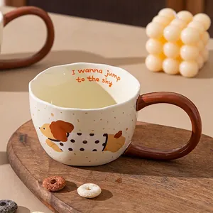Creative cartoon puppy ceramic mug with an irregular rim and a stylish brown handle