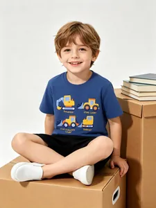Boys Cotton T-Shirt Short Sleeve Construction Vehicle Print Round Neck Casual Summer Top For Toddler Kids
