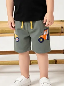 Boys Casual Cotton Knit Shorts Cartoon Tractor Embroidery Elastic Waist Comfortable Summer Kids Shorts Army Green