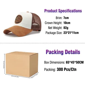 Breathable two-tone mesh trucker baseball cap with vintage patch and detailed size specs