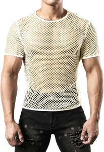 Men's stylish breathable white mesh short sleeve T-shirt with crew neck and slim fit