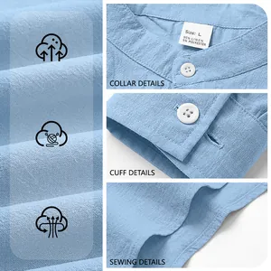 Détails de chemise décontractée en lin bleu clair pour hommes montrant col, poignet et couture