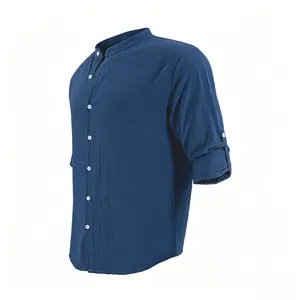 Chemise décontractée homme en coton lin bleu marine respirant avec col officier chic