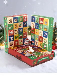Detailed view of 24-grid Christmas Advent calendar box with cute penguin figurines.