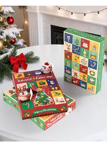 Close-up of festive 24-day Christmas advent calendar boxes with cute illustrations