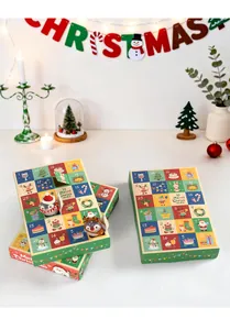 Detailed view of 24-grid Christmas advent calendar boxes with festive character toys.