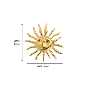 Detailed dimensions of vintage gold stainless steel sun face brooch pendant