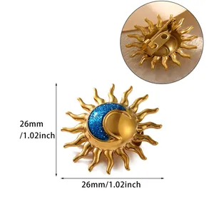 Detailed size view of retro golden sun and moon brooch with blue glitter center