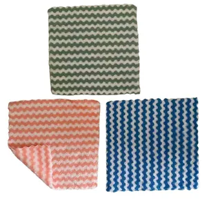 Set of three colorful coral fleece absorbent dishcloths with wave pattern for kitchen cleaning