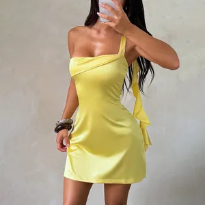 Satin Mini Dress One Shoulder Backless Sexy Bodycon Ruffle Sleeveless Solid Color Summer Party Clubwear For Women