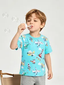 Boys Cartoon Aircraft Print Cotton Short Sleeve T-Shirt Casual Summer Crew Neck Breathable Soft Base Layer Top For Kids